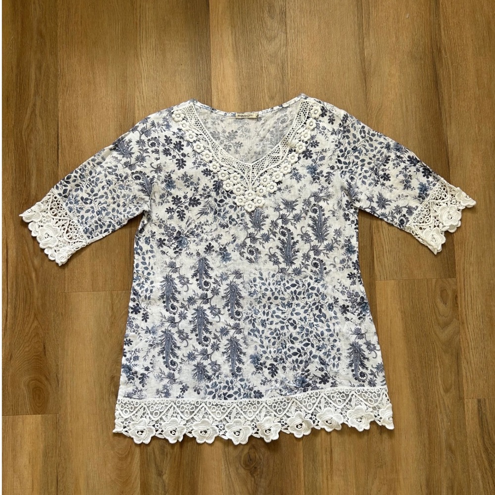 Marina Gigli Italy‎ Linen Tunic Top Blue White Floral Lace Art Large lagenlook